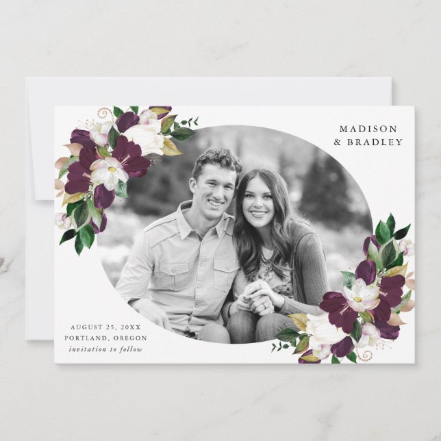 Dark Plum Floral | Photo Save The Date (Front)
