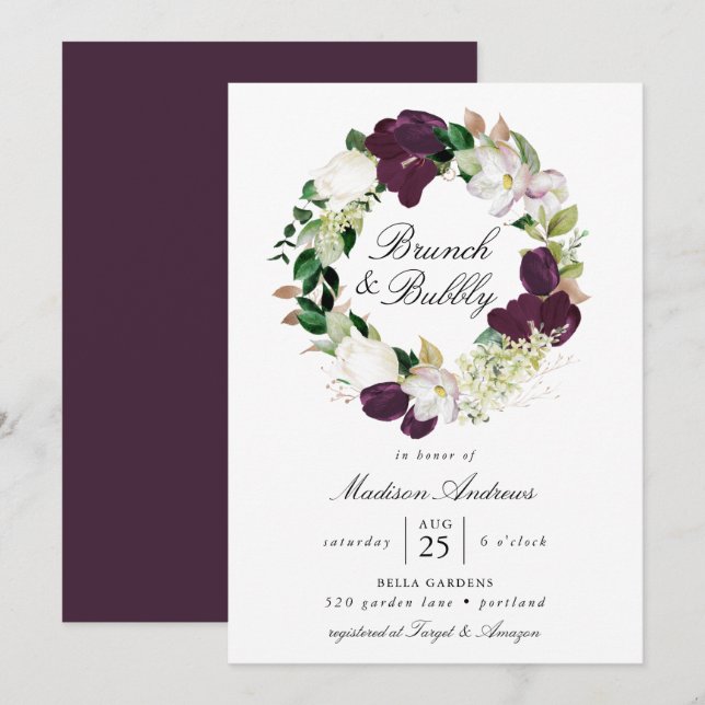 Dark Plum Floral Wreath | Brunch and Bubbly Invitation (Front/Back)