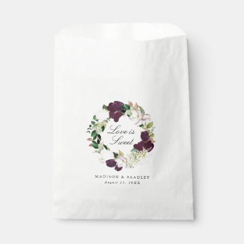 Dark Plum Floral Wreath  Personalized Wedding Favor Bag
