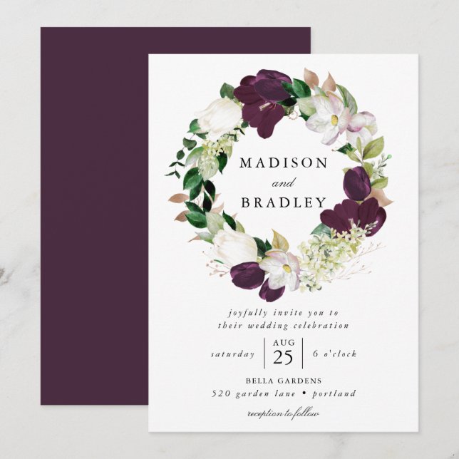 Dark Plum Floral Wreath | Wedding Invitation (Front/Back)