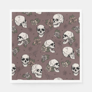 Dark Plum Gothic Skulls and Roses Halloween Napkins