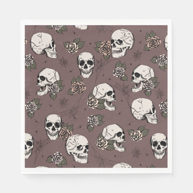 Dark Plum Gothic Skulls and Roses Halloween Napkins (Front)