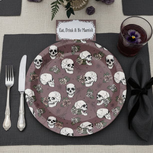 Dark Plum Gothic Skulls and Roses Halloween Paper Plates