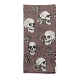 Dark Plum Green Gothic Skulls and Roses Halloween Cloth Napkin