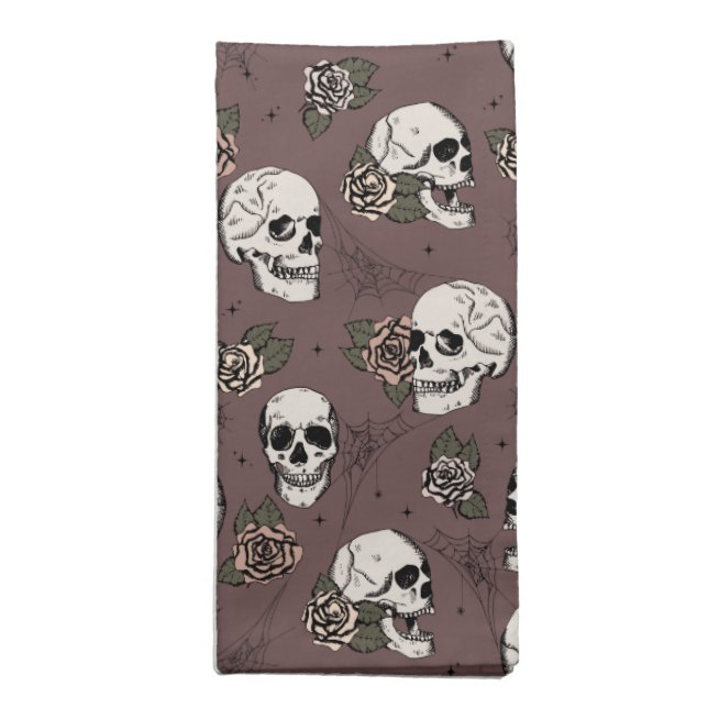 Dark Plum Green Gothic Skulls and Roses Halloween Cloth Napkin (Folded)