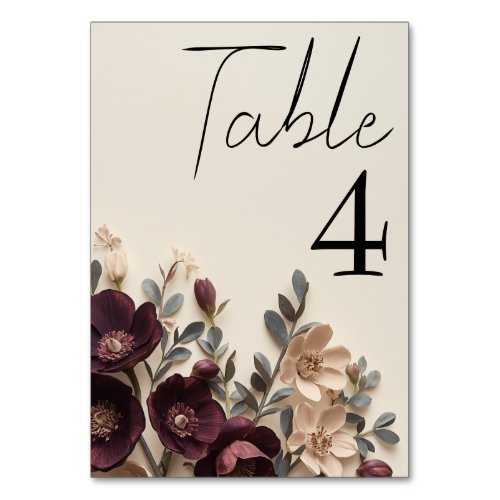 Dark Plum Hellebores & Eucalyptus Moody Floral Table Number
