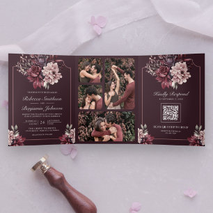 Dark Plum Moody Floral Frame QR Code Wedding Tri-Fold Invitation