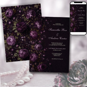 Dark Plum Olive Floral Monogram Wedding Invitation