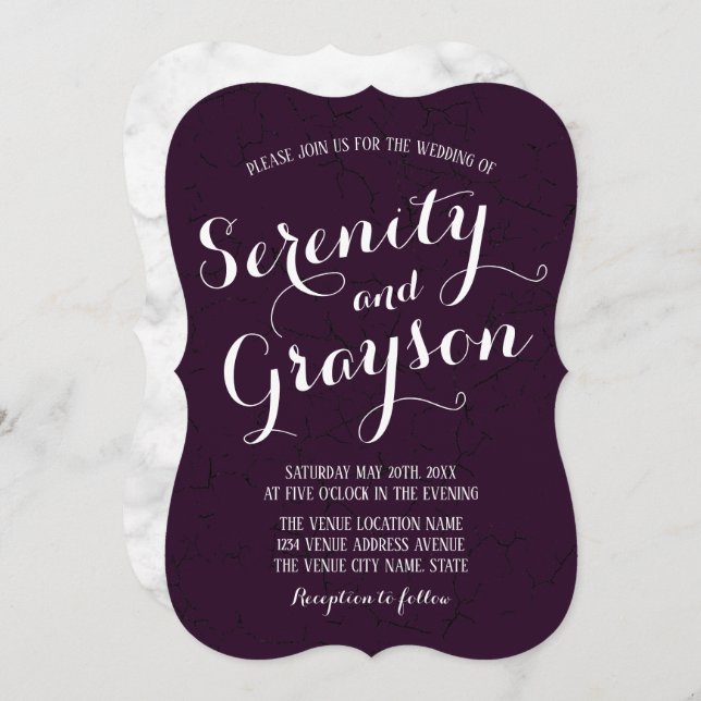 Dark Plum Purple and Grey Marble Wedding Invitation (Front/Back)
