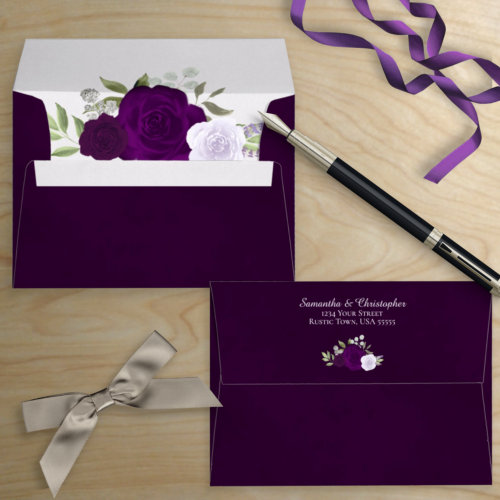 Dark Plum Purple Watercolor Floral Elegant Wedding Envelope