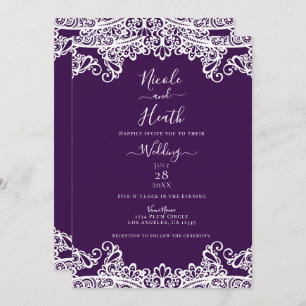 Dark Plum Purple & White Lace Elegant Wedding Invitation