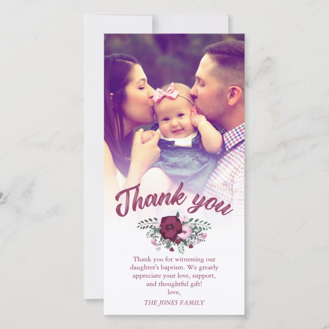 Dark Plum Rose Bouquet Baptism Thank You Photo Card (Front)