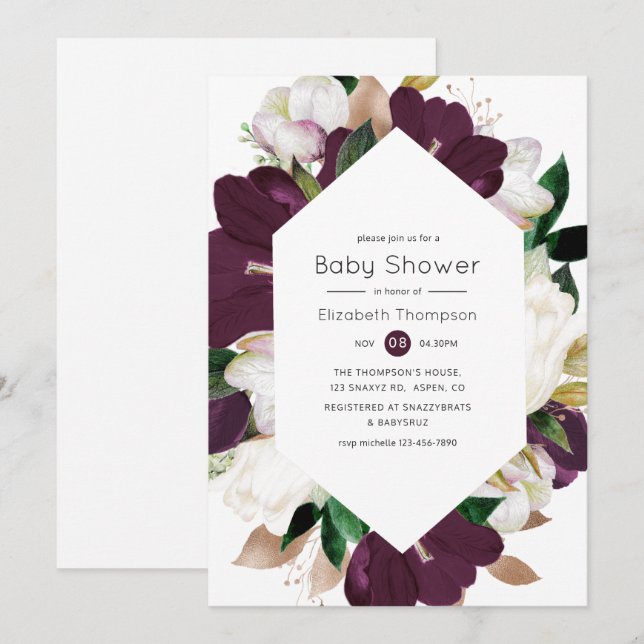 Dark Plum Velvet and White Floral Baby Shower Invitation (Front/Back)
