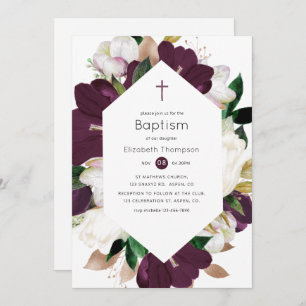 Dark Plum Velvet and White Floral Baptism Invitation