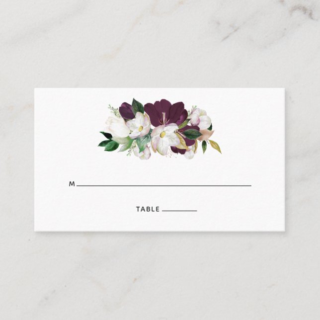 Dark Plum Velvet and White Floral Place Card (Front)