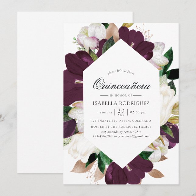 Dark Plum Velvet and White Floral Quinceañera Invitation (Front/Back)