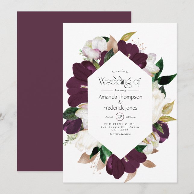 Dark Plum Velvet and White Spring Floral Wedding I Invitation (Front/Back)