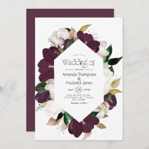 Dark Plum Velvet and White Spring Floral Wedding I Invitation