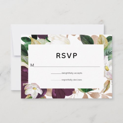 Dark Plum Velvet and White Spring Floral Wedding RSVP Card