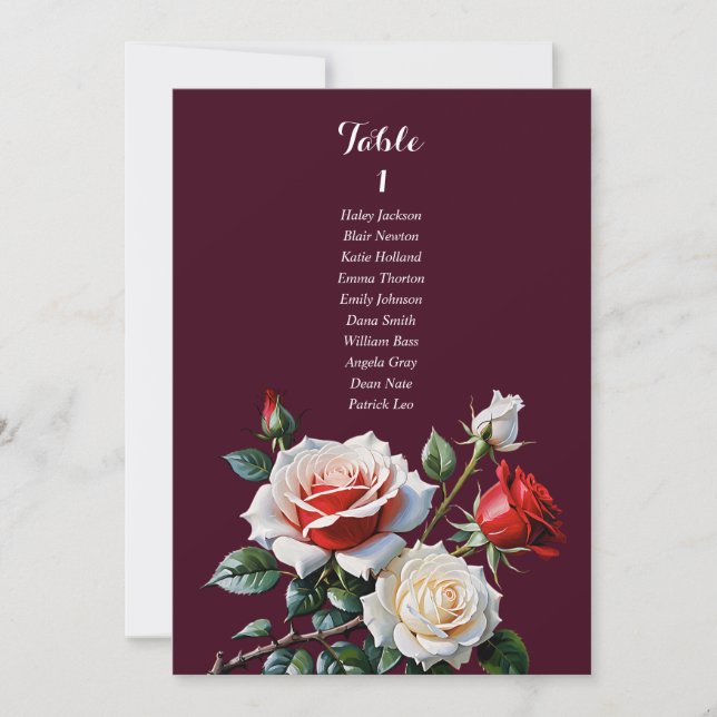 Dark Pretty pink white red rose seating chart card (Front)