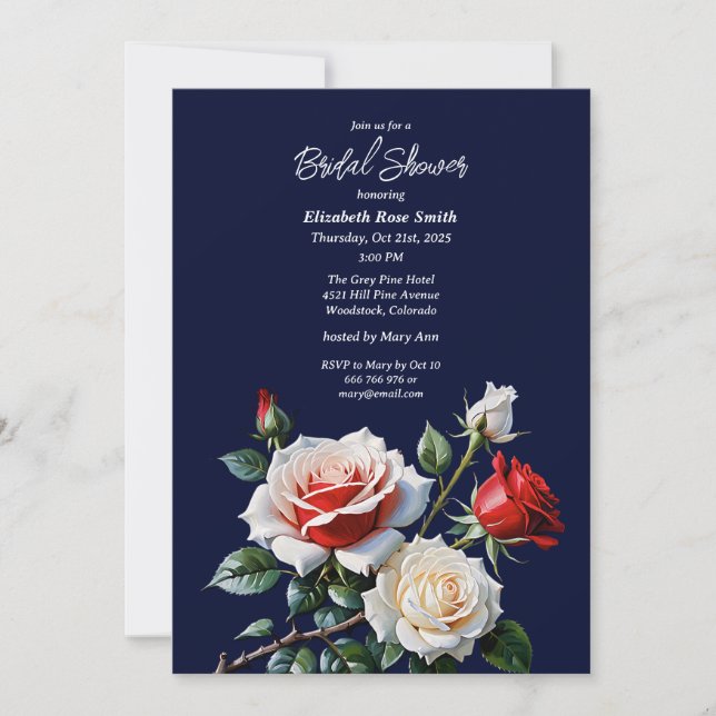 Dark Pretty pink white red roses bridal shower Invitation (Front)