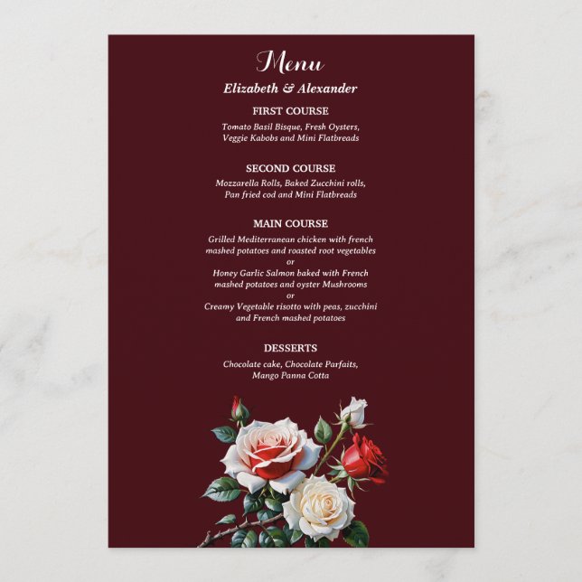Dark Pretty pink white red roses floral wedding  Menu (Front)