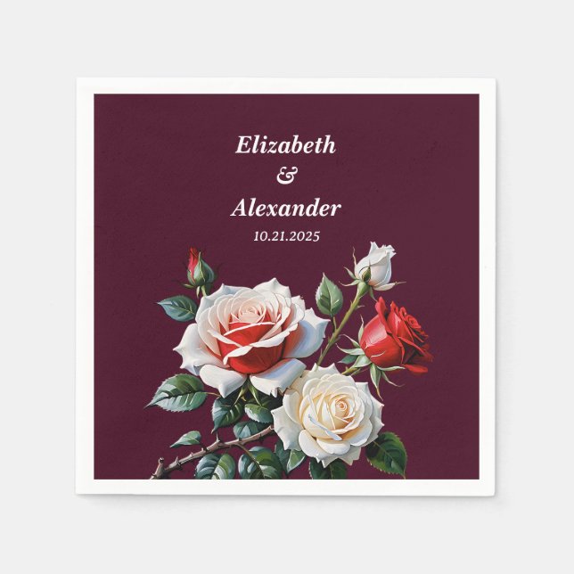 Dark Pretty pink white red roses floral wedding  Napkins (Front)