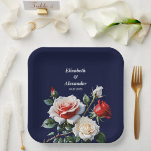 Dark Pretty pink white red roses floral wedding Paper Plates