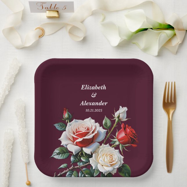 Dark Pretty pink white red roses floral wedding Paper Plates (Wedding)