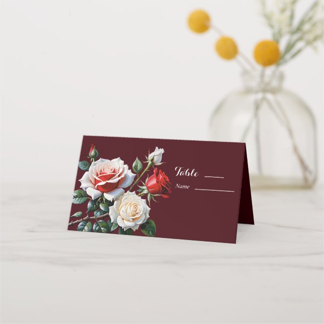 Dark Pretty pink white red roses floral wedding  Place Card (Front)