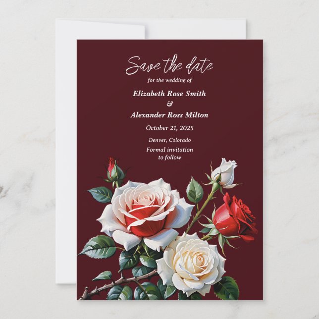 Dark Pretty pink white red roses floral wedding Save The Date (Front)