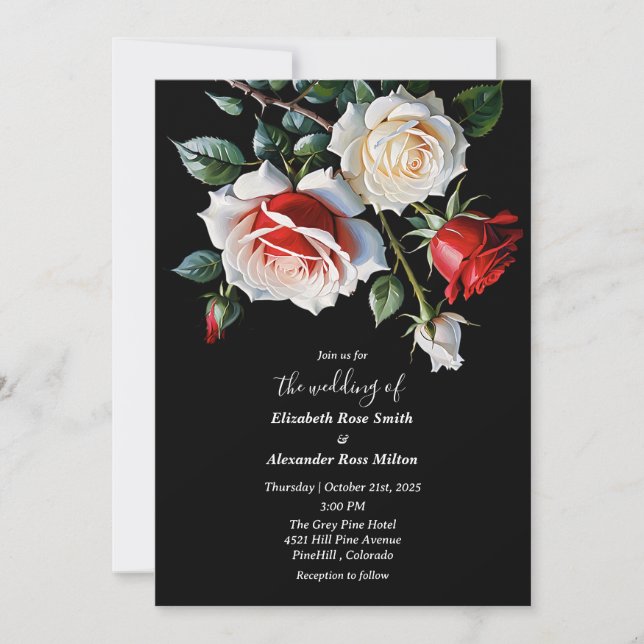 Dark Pretty white red pink roses floral wedding Invitation (Front)