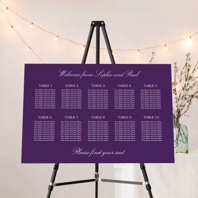 Dark Purple 10 Table Wedding Seating Chart Foam Board (In Situ (Stand))