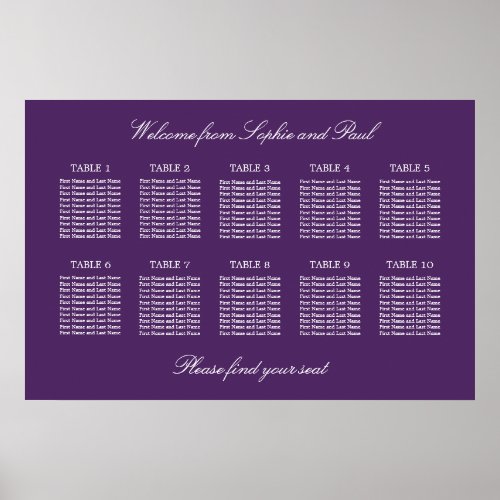 Dark Purple 10 Table Wedding Seating Chart Poster