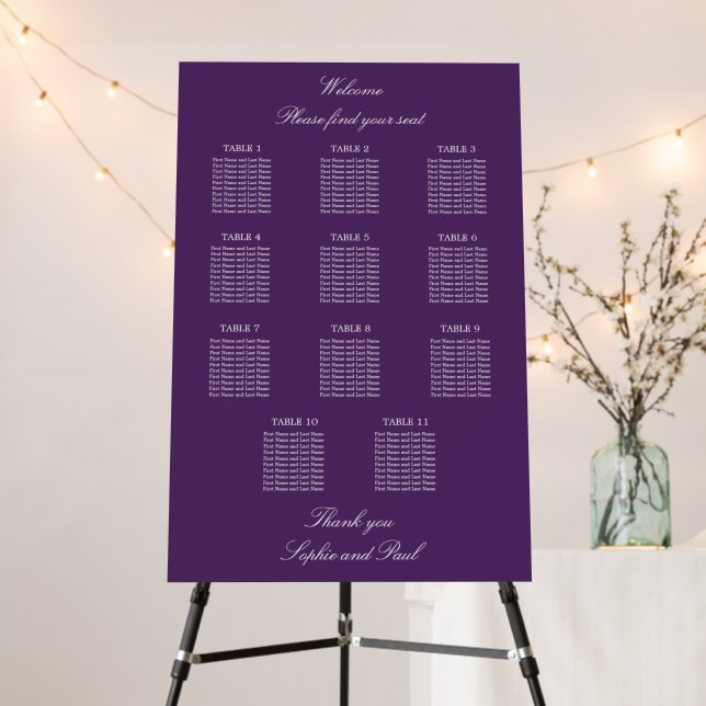 Dark Purple 11 Table Wedding Seating Chart Foam Board (In Situ (Stand))