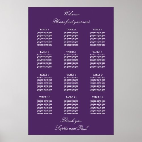 Dark Purple 12 Table Wedding Seating Chart Poster