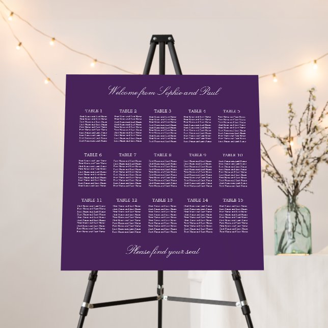 Dark Purple 15 Table Wedding Seating Chart Foam Board (In Situ (Stand))