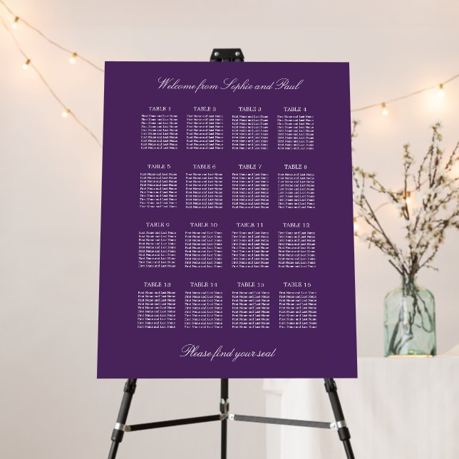 Dark Purple 16 Table Wedding Seating Chart Foam Board (In Situ (Stand))