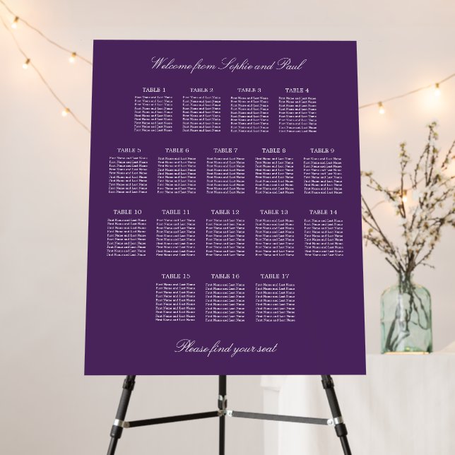 Dark Purple 17 Table Wedding Seating Chart Foam Board (In Situ (Stand))