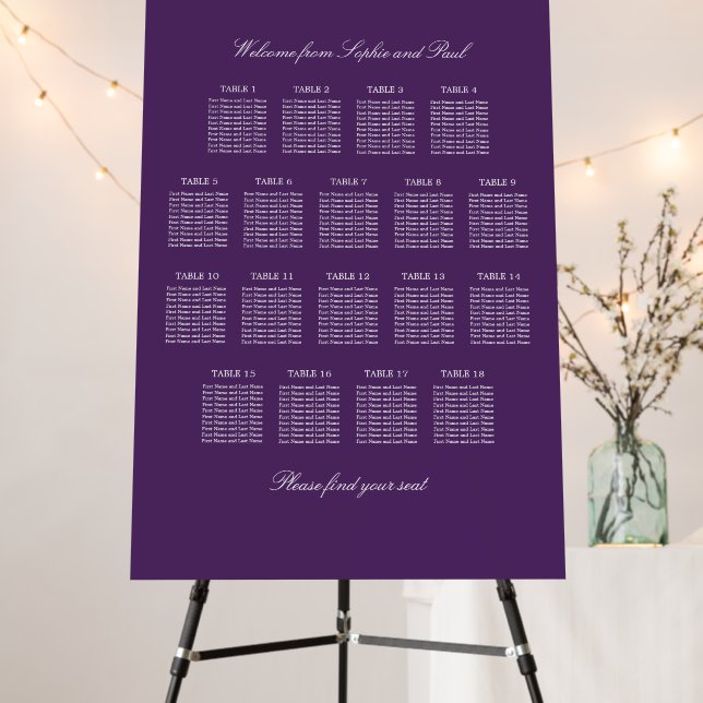 Dark Purple 18 Table Wedding Seating Chart Foam Board (In Situ (Stand))