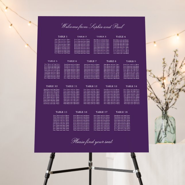 Dark Purple 18 Table Wedding Seating Chart Foam Board (In Situ (Stand))