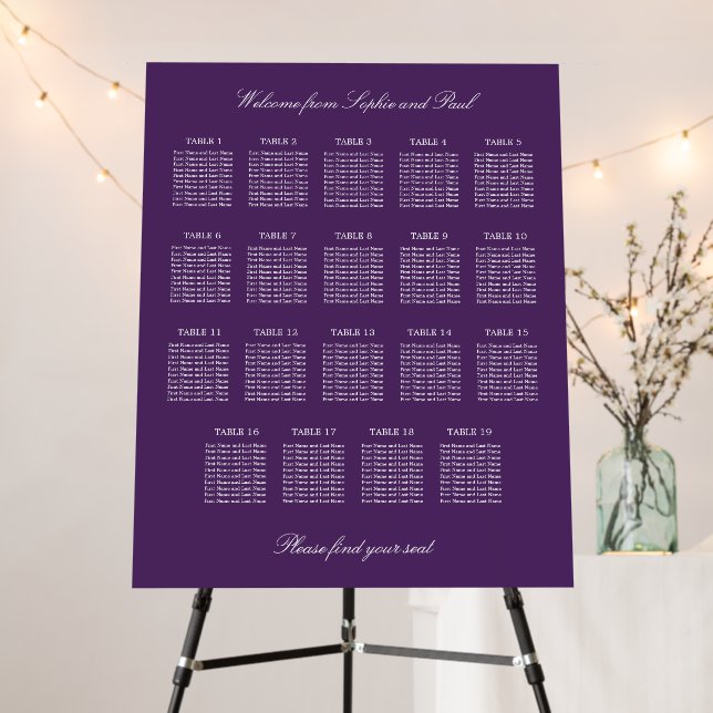 Dark Purple 19 Table Wedding Seating Chart Foam Board (In Situ (Stand))