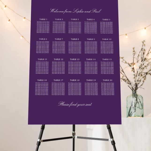 Dark Purple 20 Table Wedding Seating Chart Foam Board (In Situ (Stand))