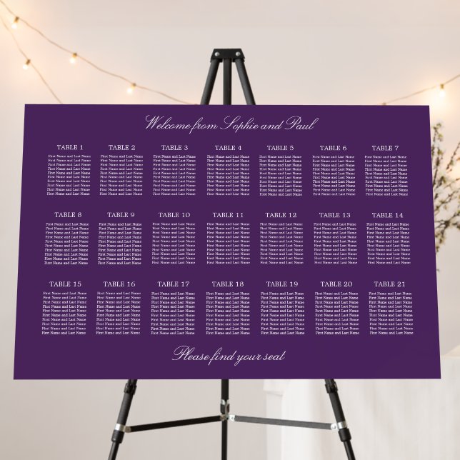 Dark Purple 21 Table Wedding Seating Chart Foam Board (In Situ (Stand))
