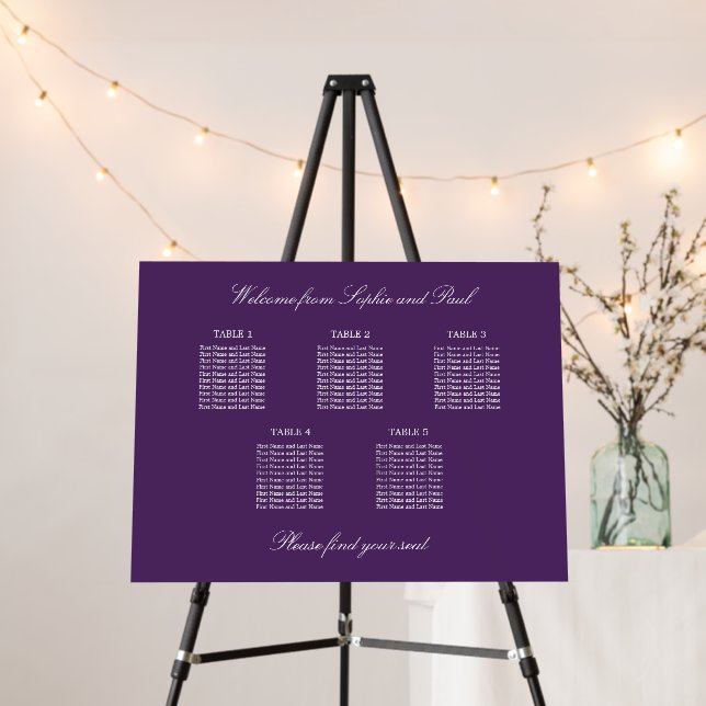 Dark Purple 5 Table Seating Chart Foam Board (In Situ (Stand))