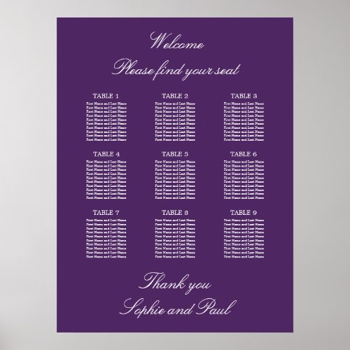 Dark Purple 9 Table Wedding Seating Chart Poster