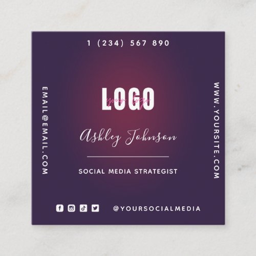 Dark Purple Add Your Logo QR Code  Social Media Square Business Card