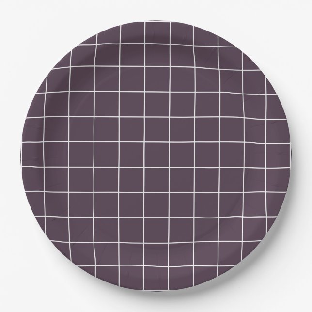 Dark purple aesthetic background grid pattern paper plates (Front)