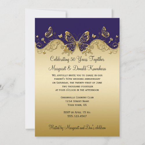 Dark Purple and Gold Butterflies 50th Anniversary Personalized Invitation