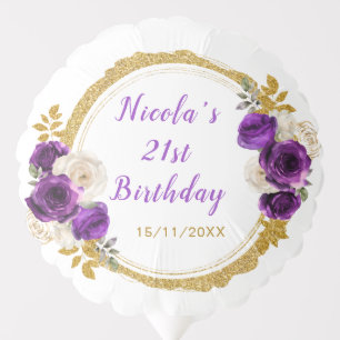 Dark Purple and Gold Elegant Flower Birthday Party Balloon